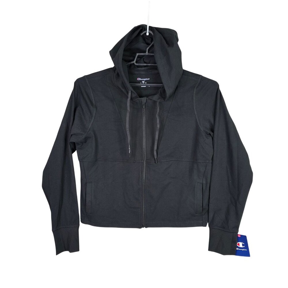 Womens Champion Black Full Zip Hoodie Drawstring Polyester Blend Stretch 2XL